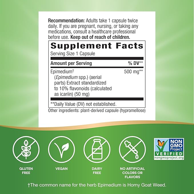 Nature's Way Horny Goat Weed Premium Extract Sexual Vitality,* Non-GMO, Vegan, 60 Capsules