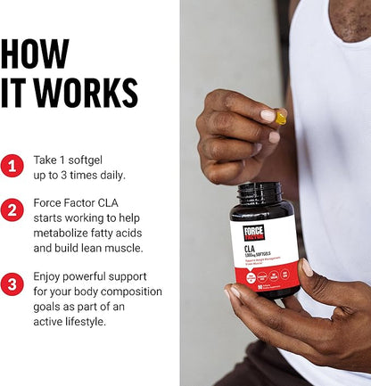 FORCE FACTOR CLA Supplements, CLA 1000 mg, Conjugated Linoleic Acid to Support Body Composition and Lean Muscle Mass, Made from Safflower Oil, Stimulant Free, Non-GMO, 90 Softgels