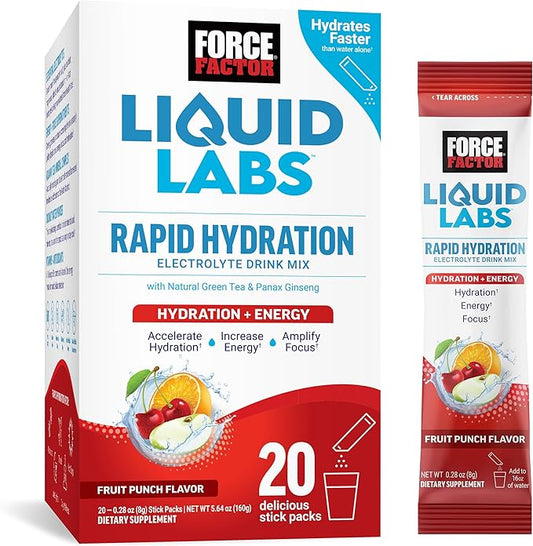 FORCE FACTOR Liquid Labs Energy Drink, Electrolytes Powder, Hydration Packets to Boost Energy & Focus, 5 Essential Electrolytes, Vitamins, Minerals, & Antioxidants, Fruit Punch Flavor, 20 Stick Packs