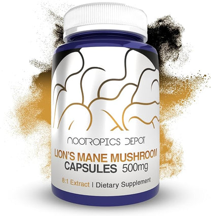 Nootropics Depot Lions Mane Mushroom Capsules | 8:1 Whole Fruiting Body Dual Extract | 500mg | 60 Count | Hericium erinaceus