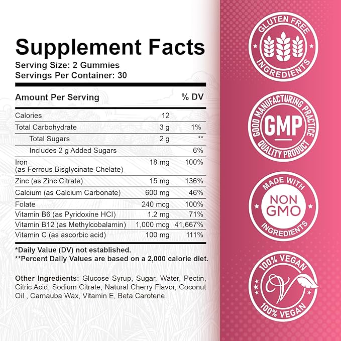 Iron Gummies with Zinc, Calcium, Vitamin C, B6 & B12 | Iron Supplement for Women, Men & Kids | Supports Anemia & Deficiency, Blood Builder & Cell Formation | Chewable Cherry Flavor | 60 Gummies