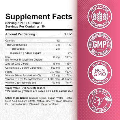 Iron Gummies with Zinc, Calcium, Vitamin C, B6 & B12 | Iron Supplement for Women, Men & Kids | Supports Anemia & Deficiency, Blood Builder & Cell Formation | Chewable Cherry Flavor | 60 Gummies