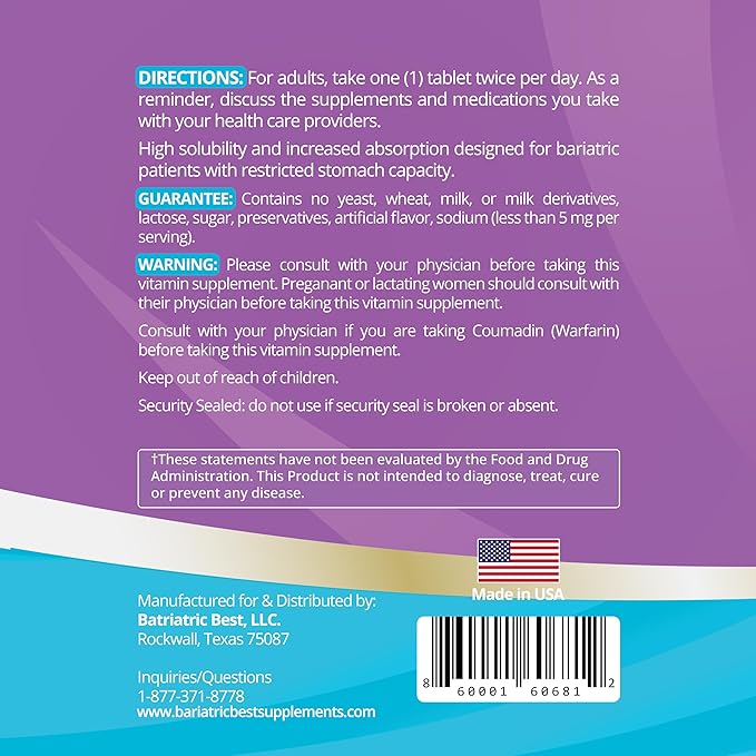 High A D E K Bariatric Multivitamin for Post DS/SADI Surgery, 25 Essential Nutrients for Post-Weight Loss Surgery, 180 Tablets, Meets ASMBS Guidelines for Bariatric Bypass
