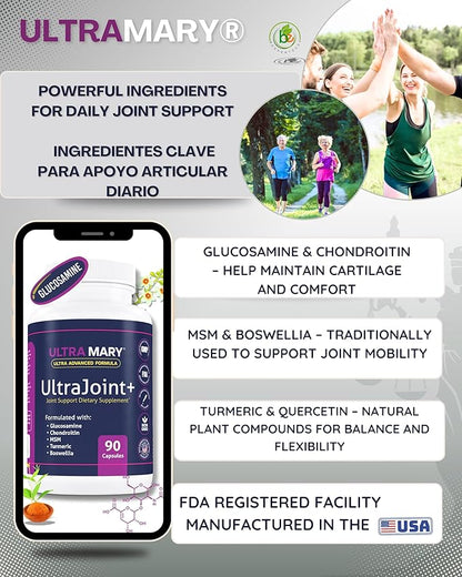 UltraMary+ Joint Support w/Glucosamine, Chondroitin, MSM, Turmeric & Boswellia – Mobility & Flexibility – 90 Capsules – Suplemento Articulaciones – Made in USA – Advanced Formula