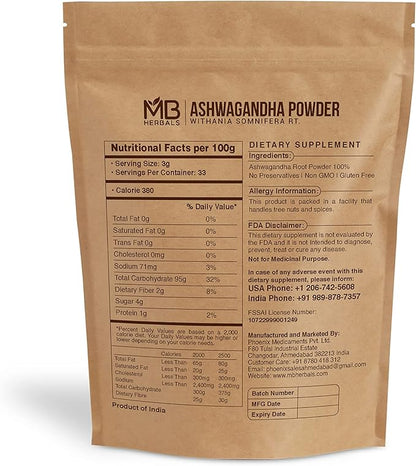 MB Herbals Pure Ashwagandha Powder 100 Gram (3.5 oz) | Lab Tested | Indian Ginseng | Withania somnifera Root Powder | No Preservatives