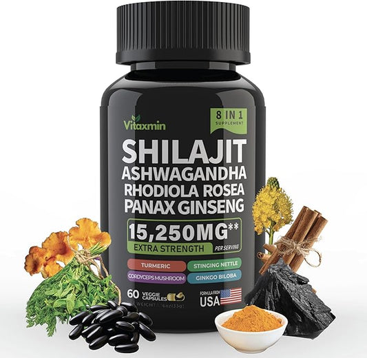 Shilajit and Ashwagandha Capsules, 8-in-1 Herbal Multivitamin for Men and Women, with Rhodiola Rosea, Ginseng, and Stinging Nettle, Shilajit for Men and Women