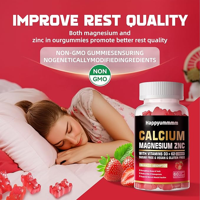 Calcium Magnesium Zinc Gummies with Vitamin D3 & K2 - High Potency Enhanced Absorption -60 Strawberry Gummies Flavored.