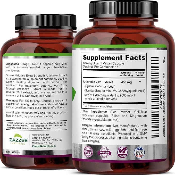Zazzee Extra Strength Artichoke 20:1 Extract, 9000 mg Strength, 5% Caffeoylquinic Acid, 150 Vegan Capsules, 5 Month Supply, Concentrated and Standardized 20X Extract, Non-GMO and All-Natural