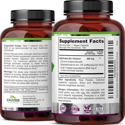 Zazzee Extra Strength Artichoke 20:1 Extract, 9000 mg Strength, 5% Caffeoylquinic Acid, 150 Vegan Capsules, 5 Month Supply, Concentrated and Standardized 20X Extract, Non-GMO and All-Natural