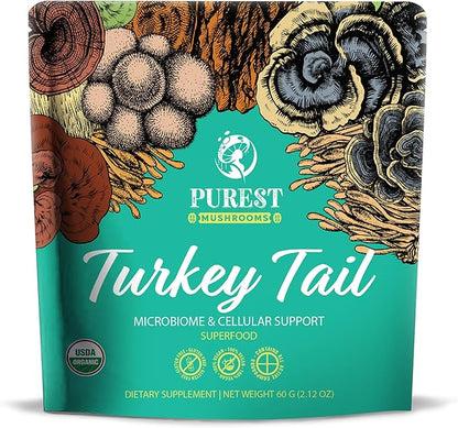 Turkey Tail Powder - Organic Mushroom Supplement with Powerful Turkey Tail Mushroom Extract for Microbiome & Cellular Support 60g