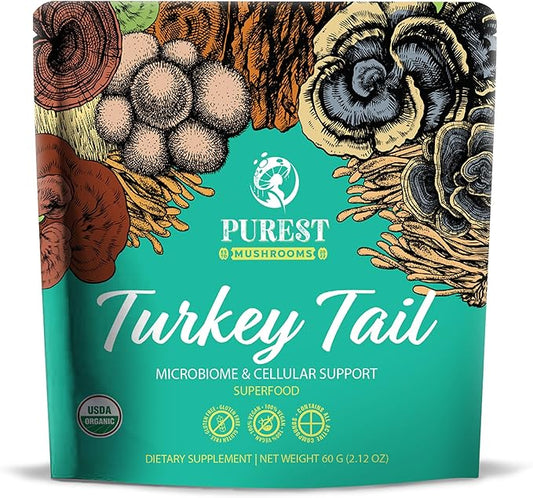 Turkey Tail Powder - Organic Mushroom Supplement with Powerful Turkey Tail Mushroom Extract for Microbiome & Cellular Support 60g