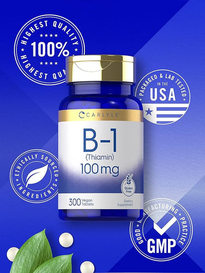 Carlyle B1 Vitamin 100mg | 300 Tablets | Supplement for Women & Men | as Thiamin HCl | Vegan, Non-GMO & Gluten Free