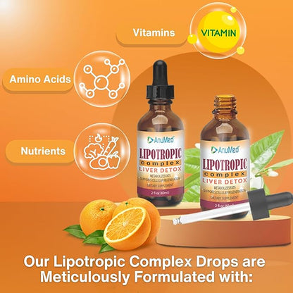 Worldwide Nutrition Bundle: Anumed Lipotropic Complex - Folic Acid, Vitamin B12, Vitamin B6 - Non GMO, Gluten Free, Easy-to-Use 2oz Lipotropic Drops with Multi-Purpose Key Chain