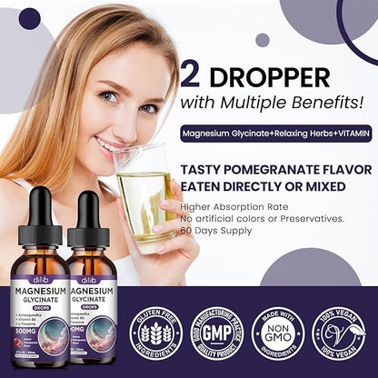 (2 Pack) Magnesium Glycinate Liquid Drops 500mg, with Vitamin B6, Ashwagandha, L - Theanine, Chamomile, Magnesium Glycinate Supplement High Absorption for Sleep, Stress, Energy - Pomegranate Flavor