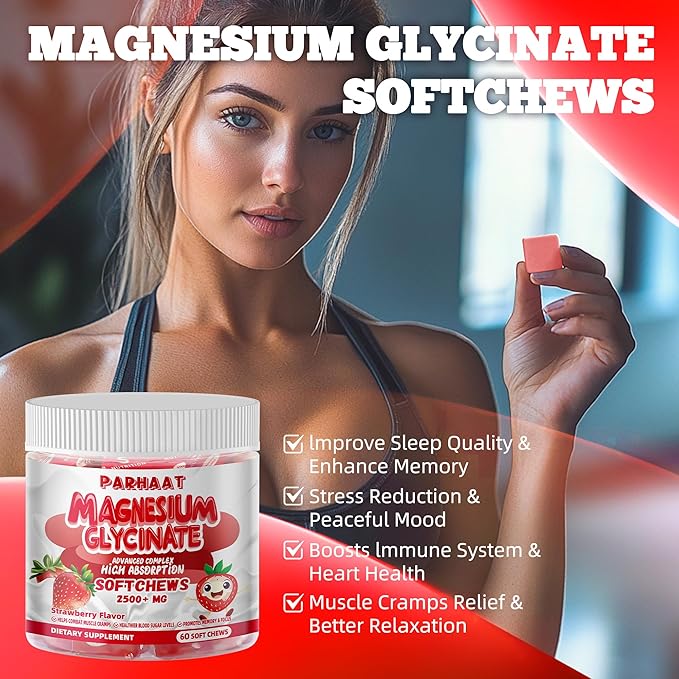Magnesium Glycinate Soft Chews, Strawberry Flavor.Chewable Sugar Free Potassium Magnesium Chews with Magnesium Glycinate, Vitamin D, B6, and CoQ10 for Calm Support & Sleep for Adults, 60 Days Supply
