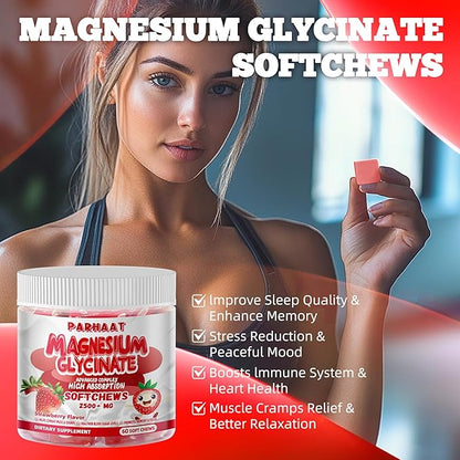 Magnesium Glycinate Soft Chews, Strawberry Flavor.Chewable Sugar Free Potassium Magnesium Chews with Magnesium Glycinate, Vitamin D, B6, and CoQ10 for Calm Support & Sleep for Adults, 60 Days Supply