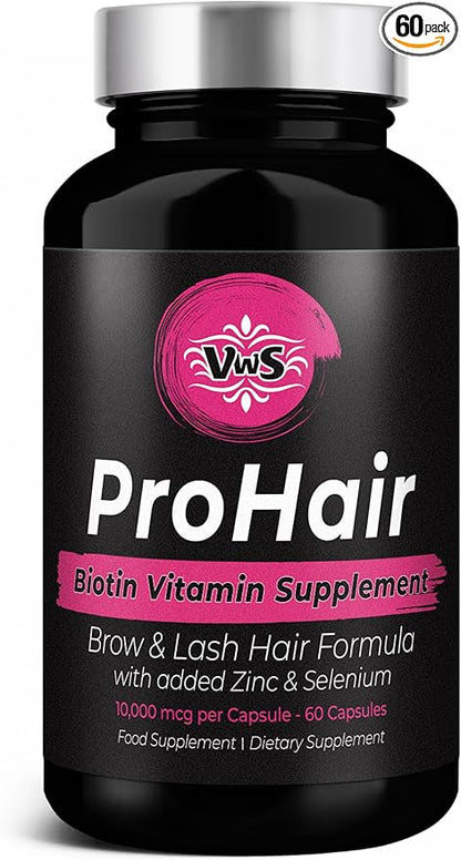 VWS Biotin 10,000 mcg Dietary Supplement w/Zinc & Selenium to Promote Thicker Hair Growth, Stronger Nails & Healthy Skin for Women and Men, 60 Vegan Capsules