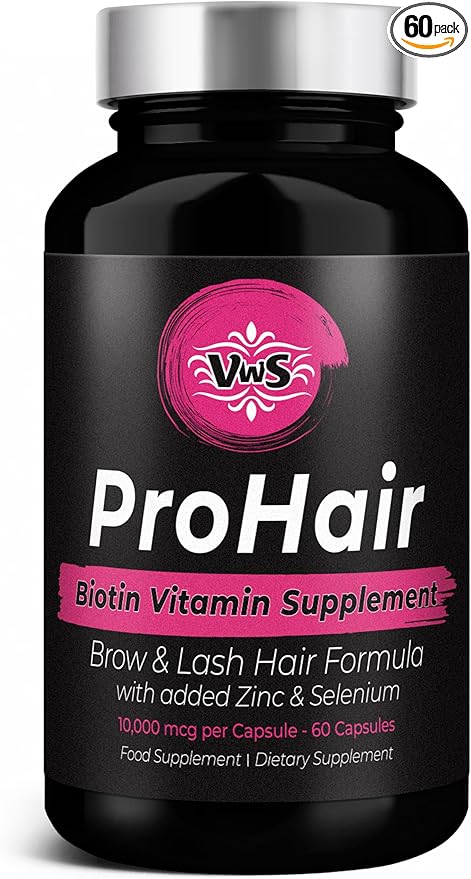 VWS Biotin 10,000 mcg Dietary Supplement w/Zinc & Selenium to Promote Thicker Hair Growth, Stronger Nails & Healthy Skin for Women and Men, 60 Vegan Capsules