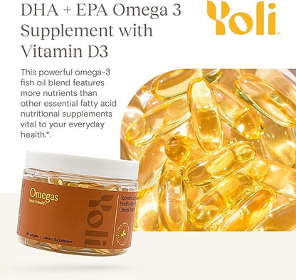 Yoli® - Omegas - Fish Oil Omega 3 Supplement with Vitamin D3 - Fish Oil Capsules with EPA and DHA Omega 3 Fatty Acids for Heart Health Support