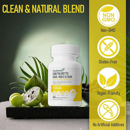 Hair, Nails & Skin Care with – Saw Palmetto, Biotin, Amla - 60 Non-GMO, Gluten Free, Veggie Capsules for Men and Women