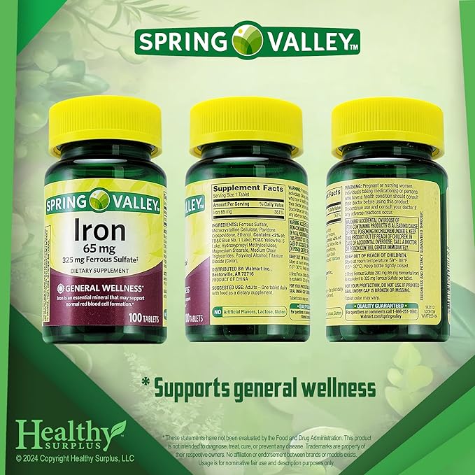 Spring Valley Iron 65 mg 325 mg Ferrous Sulfate 100 Tablets