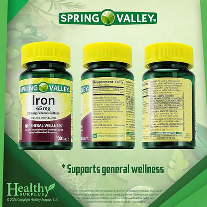 Spring Valley Iron 65 mg 325 mg Ferrous Sulfate 100 Tablets