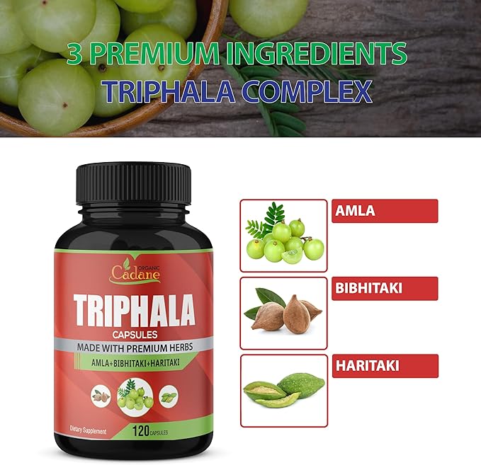 Organic Cadane Triphala (3 Fruit Powders) Supplement, 120 Veggie Capsules | Improves Digestion Function, Supports Immune System
