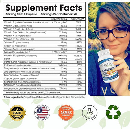 Shiny Leaf Bariatric Multivitamin Without Iron - Vitamins for Gastric Bypass & Sleeve, 1 Daily Capsule W Vitamin A, C, D, Biotin, Zinc, B12, K, Vegetarian, Soy-Free, GMP Cert., Made in USA (90 Ct.)