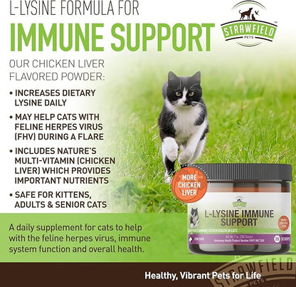 Strawfield Pets L-Lysine Immune Support for Cats & Kittens - 200g Chicken Liver Flavor Granules with Scoop, Immune Health Supplement Cat Cold Relief, Sneezing, Congestion, Running Nose, Watery Eyes