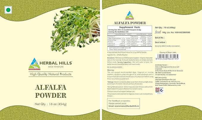 HERBAL HILLS Alfalfa Powder | 16 Oz (454 GMS) | Green Superfood Dried Whole Young Leaves
