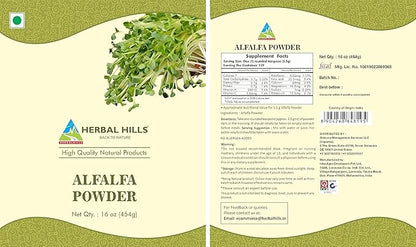 HERBAL HILLS Alfalfa Powder | 16 Oz (454 GMS) | Green Superfood Dried Whole Young Leaves