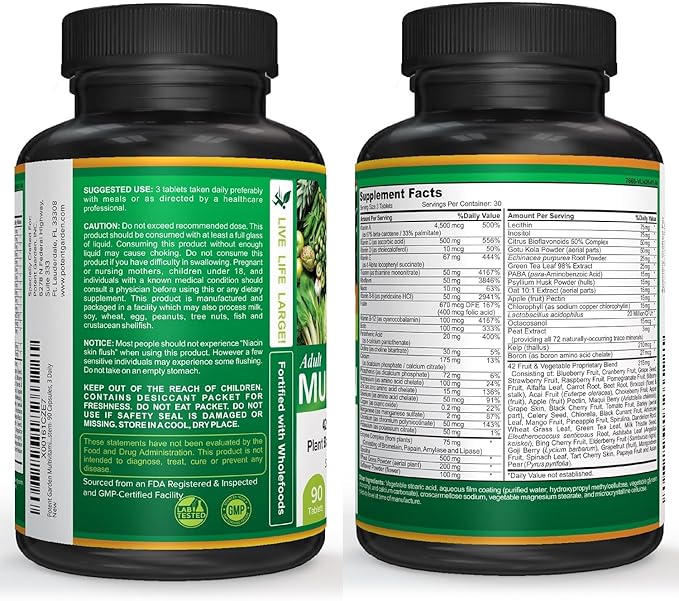 Potent Garden Adult Multivitamin for Women & Men, 42 Fruits & Vegetables Plus Probiotics, Supports Energy Metabolism & Immune System, Daily Multivitamin for Men & Women Non-GMO, 90 Tabs, 30 Servings