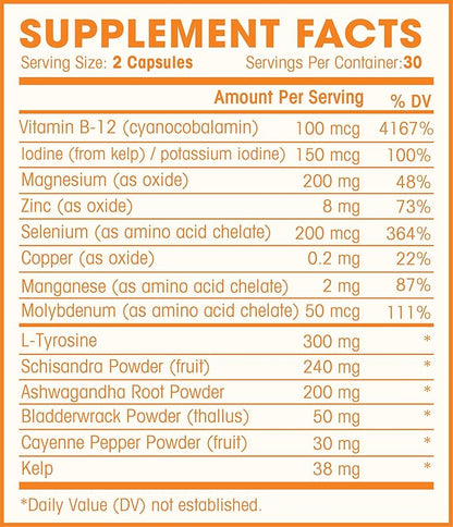 Thyroid Support Complex With Iodine For Energy Levels, Weight Loss, Metabolism, Fatigue & Brain Function - Natural Health Supplement Formula: L-Tyrosine, Selenium, Kelp, Bladderwrack, Ashwagandha, etc