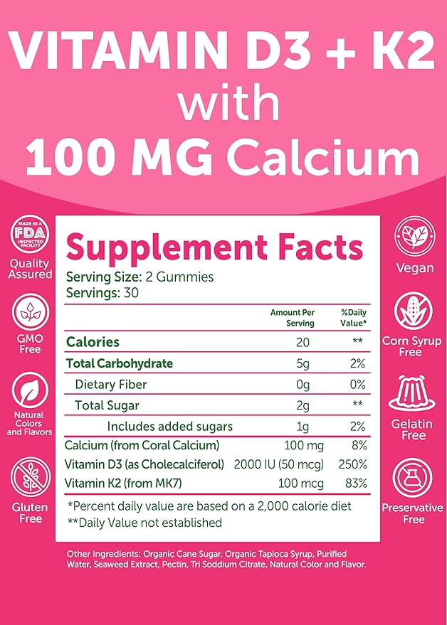 Lunakai USA Made Vitamin D3 K2 Gummies with Calcium for Women, Men & Kids - 3-in-1 Supplement for Bone Health and Immune Support, Vegan 60ct