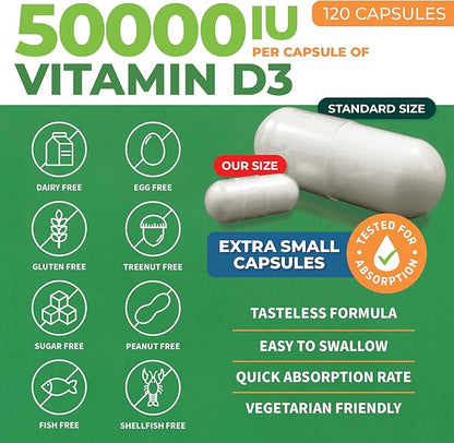 ForestLeaf Vitamin D3 50,000 IU | VIT D - VIT D3 Vitamin D Supplement for Women and Men | Bone Health, Teeth, Immune Support | Easy to Swallow Pills | High Potency WEEKLY Dose, 2-Year Supply, 120 Caps