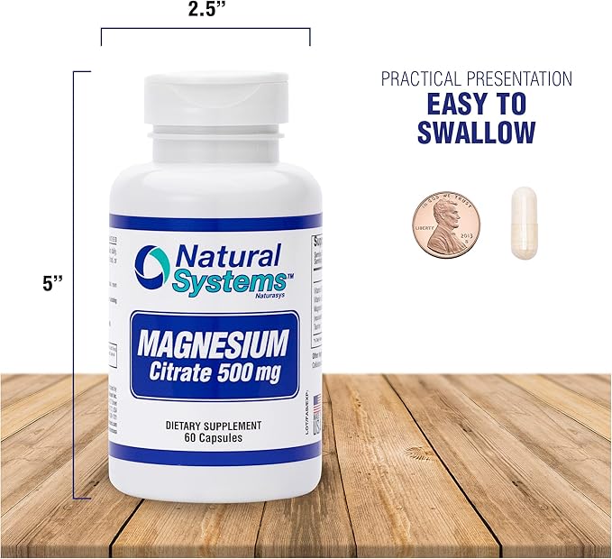 Magnesium Citrate 500mg 60 Capsules by Natural Systems - Magnesium Supplement Powder Muscle Calm - Magnesium Citrate Supplement for Constipation - Magnesium Citrate Powder Capsules for Natural Slim