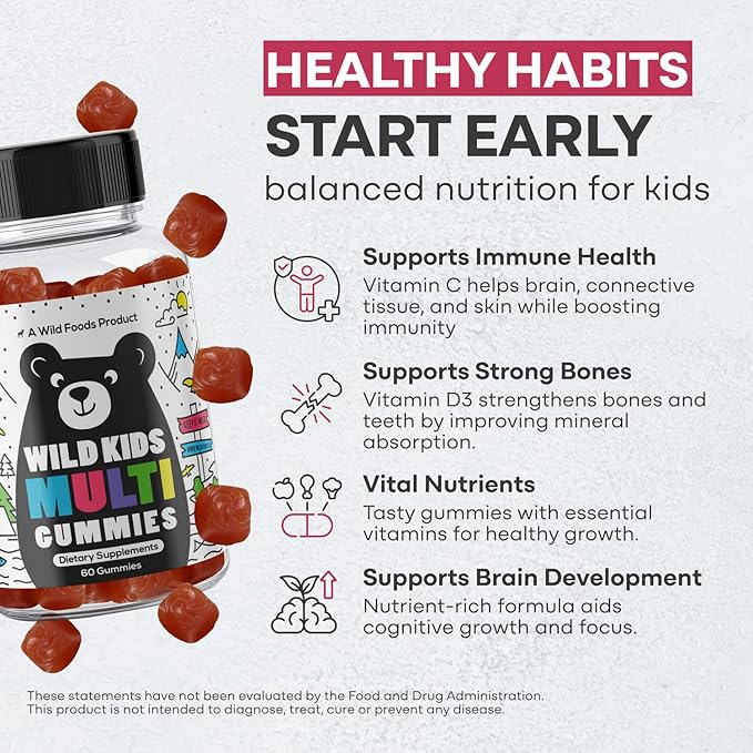 Wild Foods Kids Multivitamin Gummies – Natural Skin, Immune & Bones Support with Kids Vitamins A, C, D, E, B12, Iron & DHA – Probiotics & multivitamin for Growth – 60 Flavored Gummies