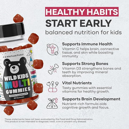 Wild Foods Kids Multivitamin Gummies – Natural Skin, Immune & Bones Support with Kids Vitamins A, C, D, E, B12, Iron & DHA – Probiotics & multivitamin for Growth – 60 Flavored Gummies