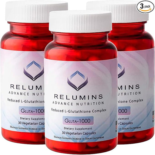Relumins Advance Nutrition Gluta 1000 - Reduced L-Glutathione, Alpha Lipoic Acid & Rose HIPS - Antioxidant Support for Skin & Overall Wellness - 30 Veg Capsules x 3 Bottles (45-Day Supply)