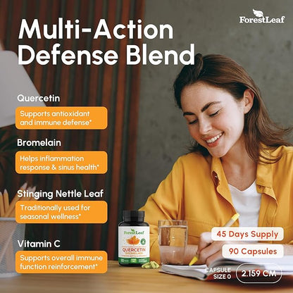 ForestLeaf Quercetin with Bromelain 1350mg - Blend with Vitamin C & Stinging Nettle Supplement, Quercetin 500mg Capsules, Non-GMO Gluten Free, Natural Immune & Respiratory Function, 90 Veggie Caps