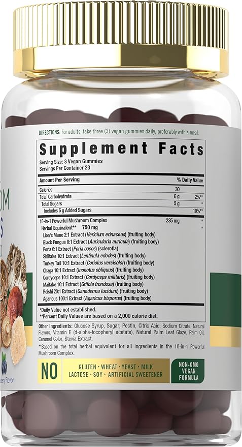 Carlyle Mushroom Supplement Gummies | 70 Vegan Gummies | 10-in-1 Blend | Non-GMO, and Gluten Free