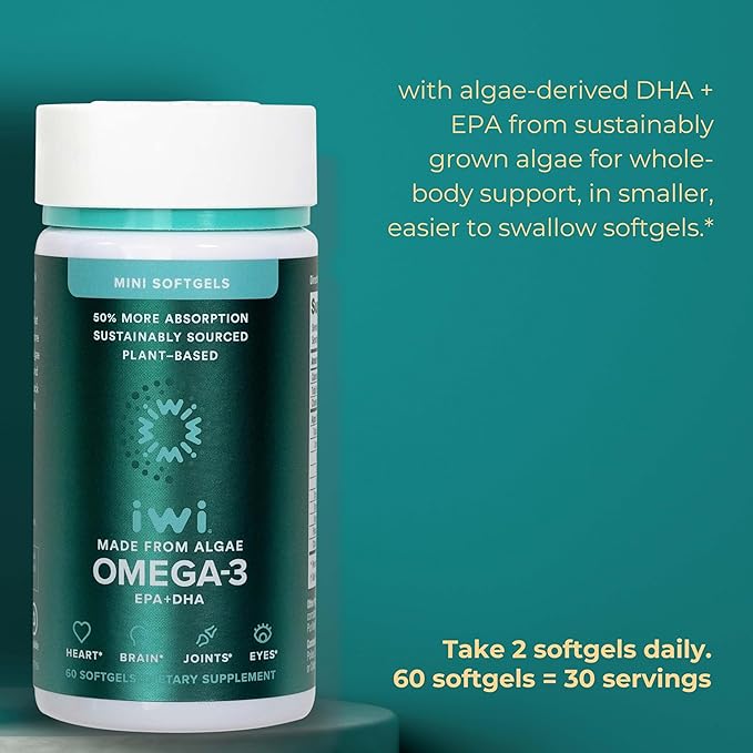 Iwi Omega-3 Minis & Heart Omega-3 Bundle, 30 Servings, Vegan Plant-Based Algae Omega 3, Krill & Fish Oil Alternative, No Fishy Aftertaste