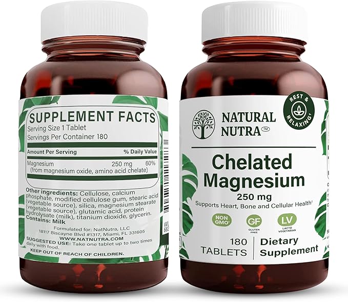 Natural Nutra Chelated Magnesium Oxide 250 mg - High Absorption for Strong Bones, Heart Health, Energy Boost, Gluten-Free, Non-GMO, 180 Tablets (2 Pack) in BPA-Free Recyclable Glass Bottles
