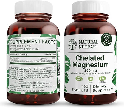 Natural Nutra Chelated Magnesium Oxide 250 mg - High Absorption for Strong Bones, Heart Health, Energy Boost, Gluten-Free, Non-GMO, 180 Tablets (2 Pack) in BPA-Free Recyclable Glass Bottles