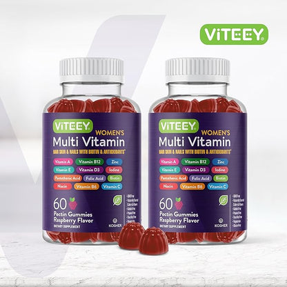 Womens Multivitamin Gummies - Immune Support - 12 in 1 Essential Daily Vitamins & Minerals - Vitamin A, C, D3, E, B6, B12, Folic Acid, Biotin, Calcium, Zinc & More - Vegetarian - Raspberry Flavored
