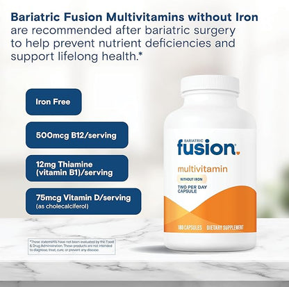 Bariatric Fusion Bariatric Multivitamin Without Iron | Post Bariatric Surgery Patients | Iron Free Bariatric Vitamin for Gastric Bypass and Sleeve Gastrectomy | 180 Capsules | 3 Month Supply