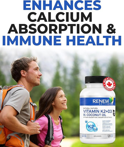 Renew Actives D3 K2 Supplement with Coconut Oil 1000 IU per Serving- Promotes Immune Function, Bone Health & Teeth, Enhances Calcium Absorption for Optimal Wellness - Made in Canada - 120 Softgels