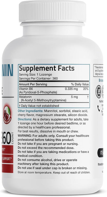 Bronson Melatonin 5mg Fast Dissolve Cherry Flavor Tablets with Vitamin B6 - Nighttime Sleep Aid - Promotes Relaxation, 360 Vegetarian Chewable Lozenges