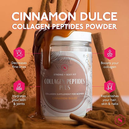 Strong + Sexy Fit Collagen Peptides Plus Powder with Hyaluronic Acid and Vitamin C, Women's Hair, Skin, Nails and Joint Support Supplement, Grass Fed Bovine Collagen, Cinnamon Dulce, 20 - 40 Svg