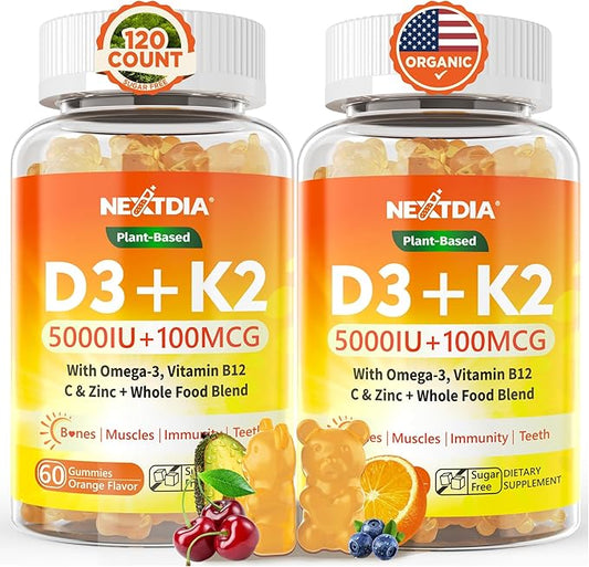 Organic Plant D3 5000 IU + K2(MK-7)100 mcg -5X Absorption Than Standard D3K2, 100% Whole Food Derived Omega-3,Methyl B12,Vitamin C, Zinc,and 5 Organic Vegetables,Supports Bone & Teeth Strength, Immune